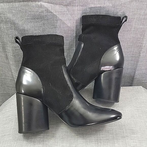 TORY BURCH Rowan Black leather Sock Booties block heel Women's 9M READ - Picture 8 of 11